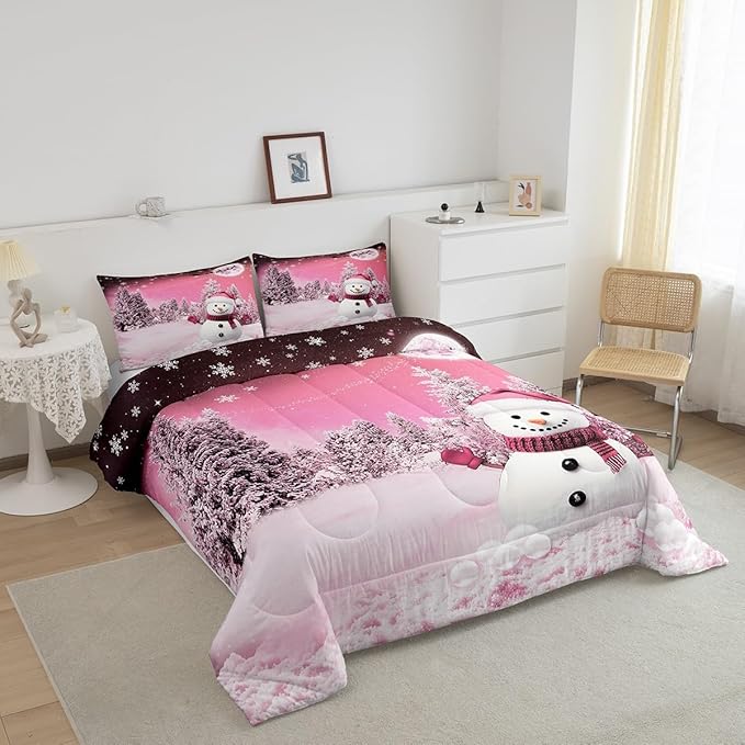 Feelyou Kids Merry Christmas Decorations King Size Comforter Set Xmas Snowman Bedding Set Girly Pink Quilt Set Soft Warm Lightweight Duvet Set