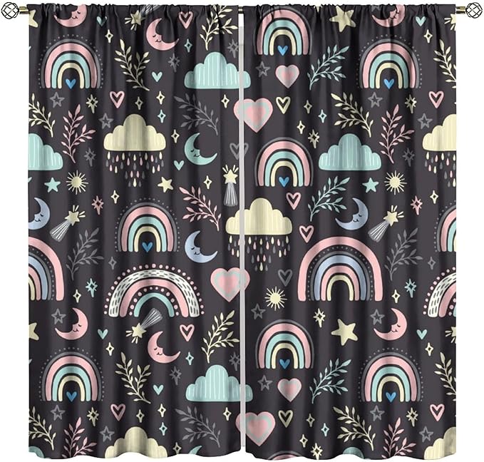 Boho Rainbow Curtains for Kids Nursery Colorful Floral Sun Star Clouds Pastel Bohemian Pattern Print Window Drapes for Girl Bedroom Living Room Kitchen Decor,2 Panel Set,42Wx63H Inch Blackout