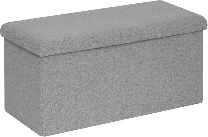 PINPLUS Folding Storage Ottoman Bench, Sherpa Ottoman with Storage, Large Long Shoes Bench Chest with Lid, Footrest for Living Room, Entryway, Grey 30'' x 15'' x 15''