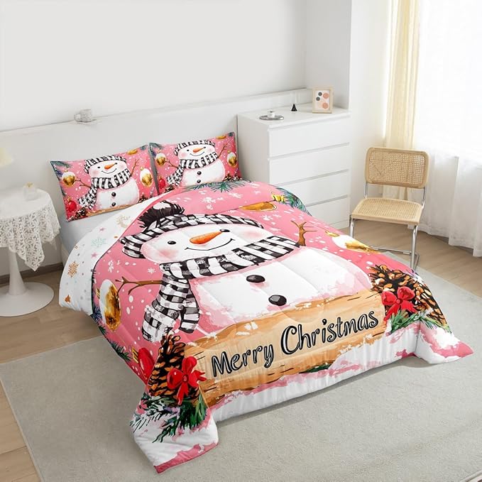 Feelyou Merry Christmas Kids Comforter Set King Size Cute Snowman Bedding Set Snowflake Duvet Quilt for Kids Boys Girls Bedroom Winter Decor Microfiber Ultra Soft Breathable