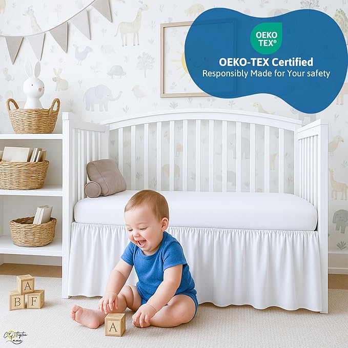 Cottignton Lane Ruffled Crib Bed Skirt, Soft Nursery Bedding in 100% Natural Cotton, Platform Style with 4-Sided Coverage & Split Corners – Fits Standard Cribs 28" x 52" with 14" Drop, White