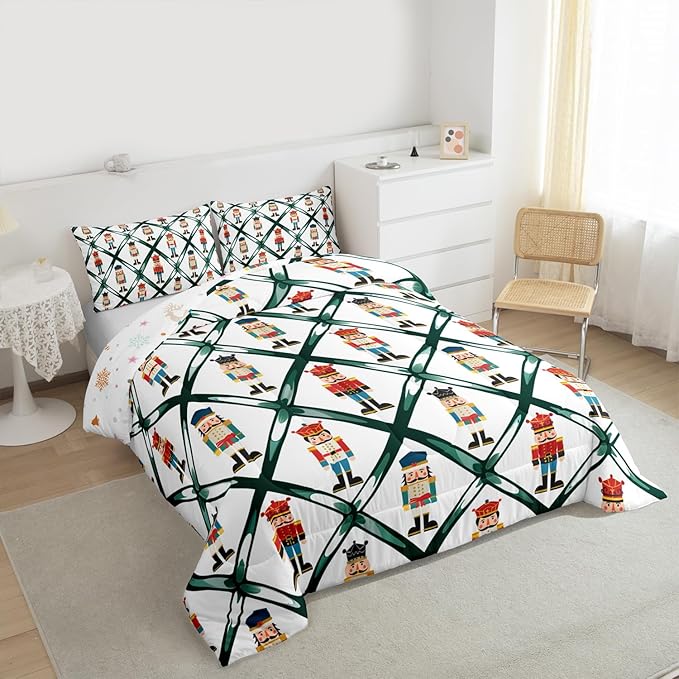 Feelyou Cute Nutcracker Bedding Set Soft for Boys Girls,Green Lattice Pattern Comforter Set Queen Size Colorful Duvet Quilt Microfiber Funny Soldier Bedroom Decor Kawaii 3 Pcs with 2 Pillow Cases