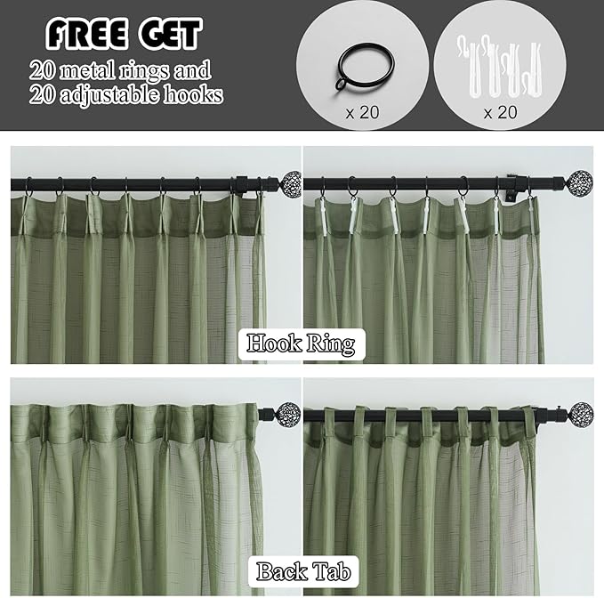Sage Green Pinch Pleated Sheer Curtains 102 Inch Long, 50 Inches Width, Rustic Linen Look Light Filtering Drapes Decor, Thin Textured Transparent Window Curtain Panels Floor to Ceiling