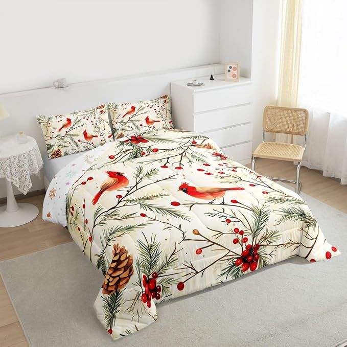 Feelyou Cardinal Bird Kids Comforter Set Queen Size Pine Branch Bedding Set Red Berry Duvet Quilt for Kids Boys Girls Bedroom Pine Cone Decor Winter Christmas Pattern Microfiber Ultra Soft Breathable