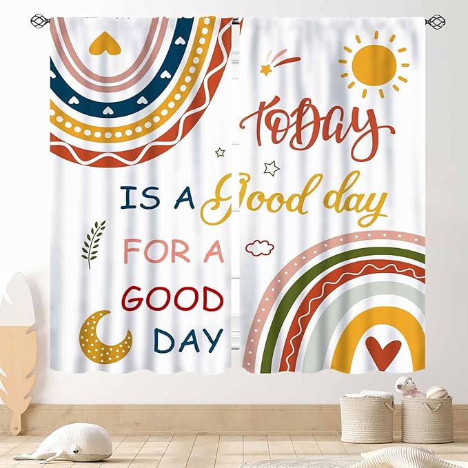 Rainbow Curtains for Classroom, Kids Girls Baby Boho Cute Inspirational Motivational Quotes Cartoon Colorful Pastel Nursery Classroom Bedroom Living Room Bathroom Window Drapes 2 Panels, 63"x72" Inch