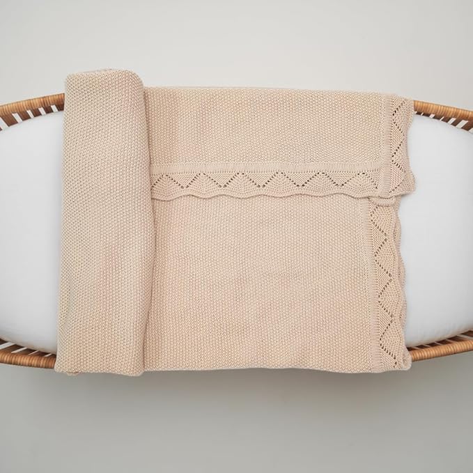 Baby Knit Blanket Soft Breathable Cotton Scallop Border Blankets Newborn Knitted Blanket Swaddle Blankets Gifts for Baby Newborn Toddler Shower Boy Girl New Mom Birthday Christmas Beige 30x40