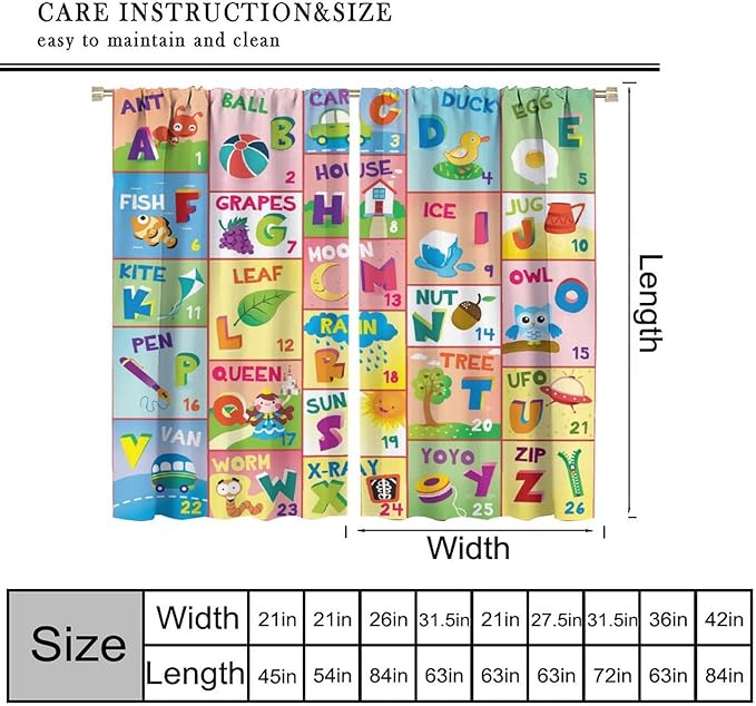 Colorful ABC Classroom Nursery Curtains Kids Alphabet Learning Baby Boys Girls Curtain with Rod Pocket for Children Toddler Playroom Home Drapes Window Treatments 2 Panels Set 63" W X 72" L
