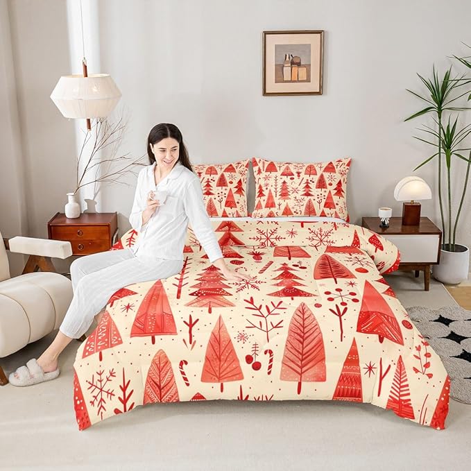 Feelyou Christmas Bedding Set Soft for Boys Girls, Xmas Tree Comforter Set Queen Size Snowflake Candy Duvet Quilt Microfiber Pine Tree Bedroom Decor 3 Pcs with 2 Pillow Cases