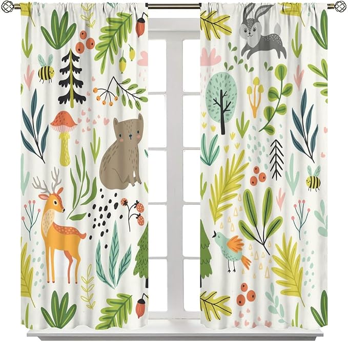 Kid Forest Animal Curtains,Woodland Animal Cartoon Watercolor Forest Hedgehog Fox Toddler Boys Girls Bedroom Living Room Window Drapes 55x63in