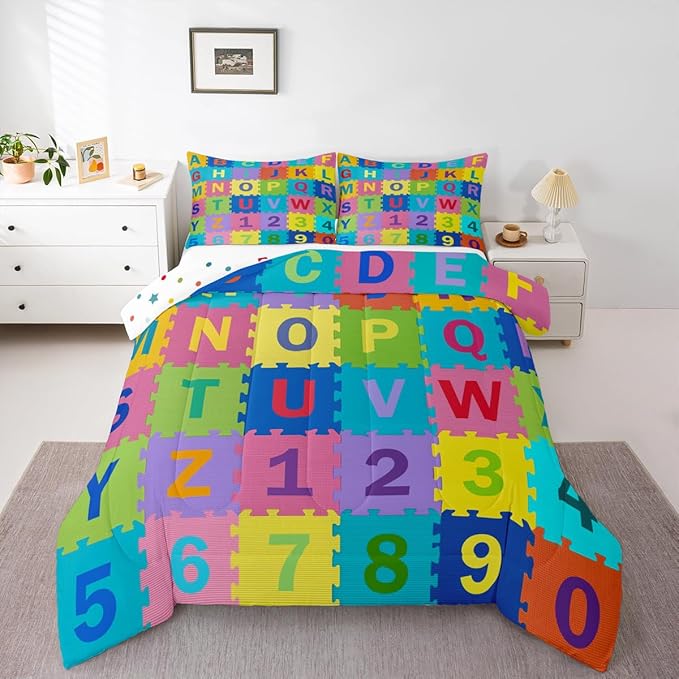 Feelyou Kids Puzzle Alphabet Numbers Comforter Set Twin Size ABC Letters Bedding Set for Kids Boys Girls Educational Duvet Quilt English Learning Bedroom Decor Microfiber 2 Pcs with 1 Pillow Cases