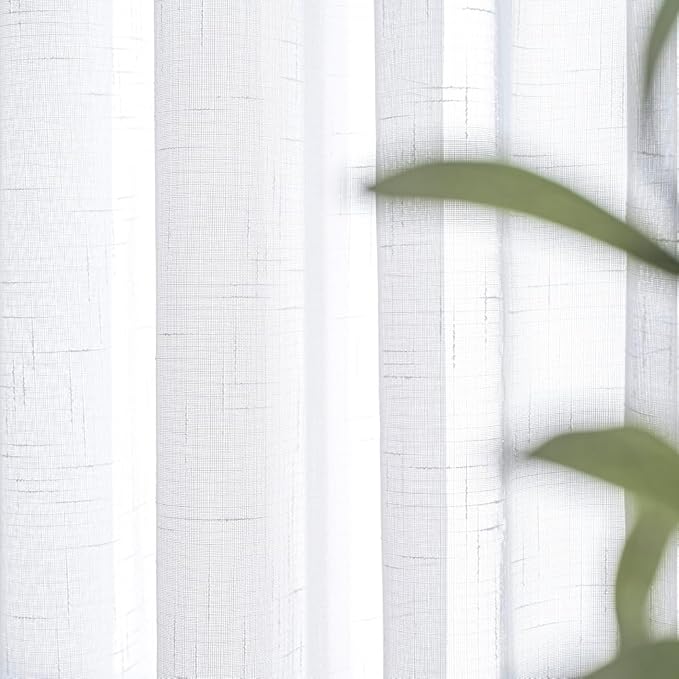 White Sheer Curtains 96 Inches Long 2 Panels, Thin Textured Linen Look Window Sheers, Pinch Pleated Drapes for Living Room, Sliding Glass Door Curtain with Rings & Hooks & Back Tab