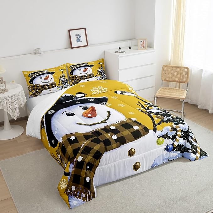 Feelyou Kids Christmas Theme Decorations Bedding Set Xmas Snowman Comforter Set for Boys Girls Snowflake Kawaii Cute Comforter Bright Yellow Quilt Set Bedroom Collection Toddler Size