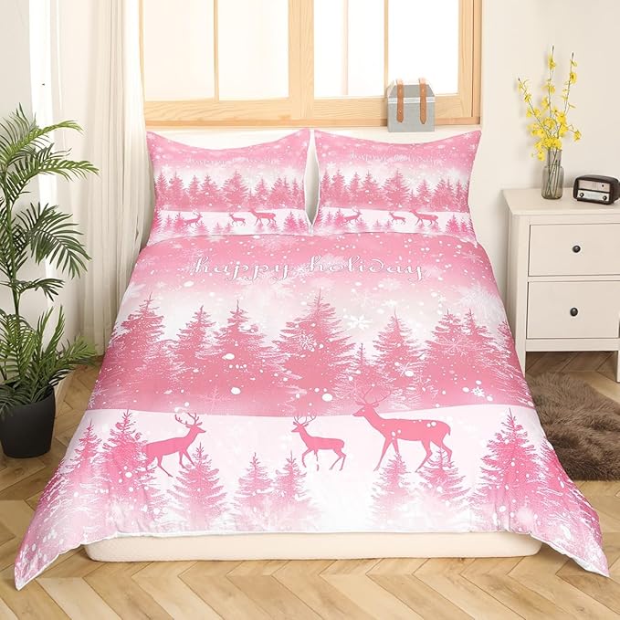Manfei Pink Glitter Duvet Cover Set King Size, Xmas Trees Deers Snowflakes Print Bedding Set 3pcs for Kids Girls Teens Bedroom Decor, Christmas Theme Comforter Cover with 2 Pillowcases,No Comforter