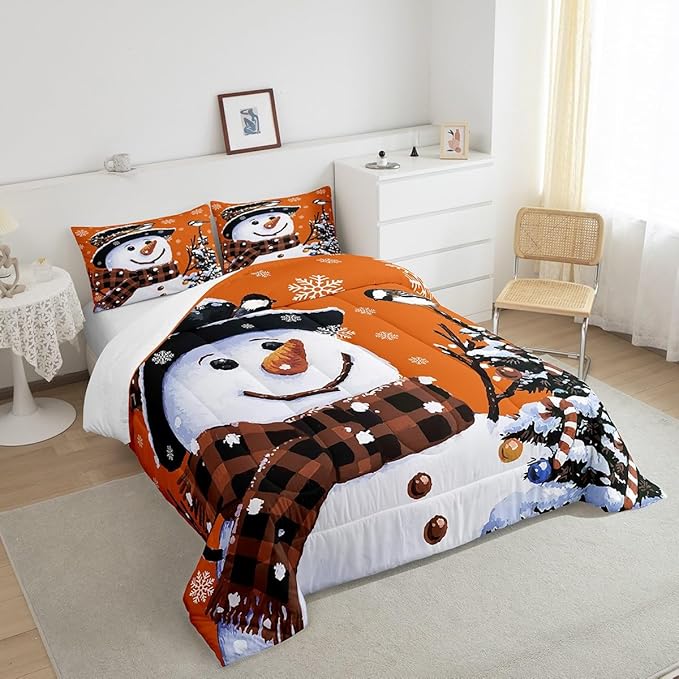 Feelyou Kids Christmas Theme Decorations Bedding Set Xmas Snowman Comforter Set for Boys Girls Snowflake Kawaii Cute Comforter Pumpkin Orange Quilt Set Bedroom Collection Twin Size
