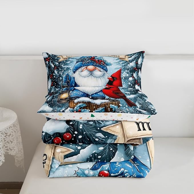 Santa Claus Kid Comforter Set Queen Size,Poinsettia Cardinal Christmas Bedding Set,Girl Boy Room Decor,Holly Berry Winter Snowflake Quilt Comforter,Blue Red Duvet Set Bedroom Quilt Set,2 Pillowcases