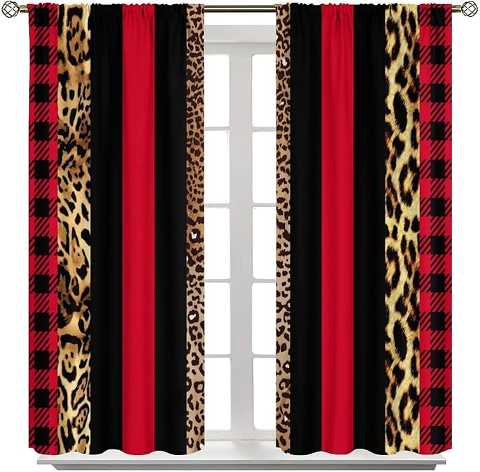 Leopard Skin Blackout Window Curtains, Brown Cheetah Red Black Plaid Stripe Print Window Drapes for Kids Boy Girls Bedroom Living Room 84" W X 84" L