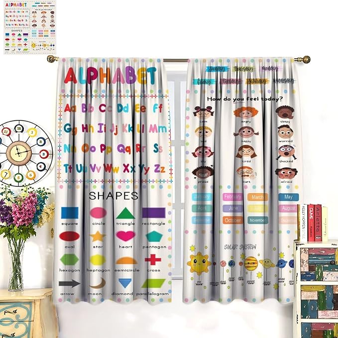 Kids Educational Alphabet Cartoon Curtain Solar System Shapes Cute Knowledge Printed Rod Pocket Blackout Window Drapes for Todders Nursery Baby Bedroom Living Room 42" W X 54" L