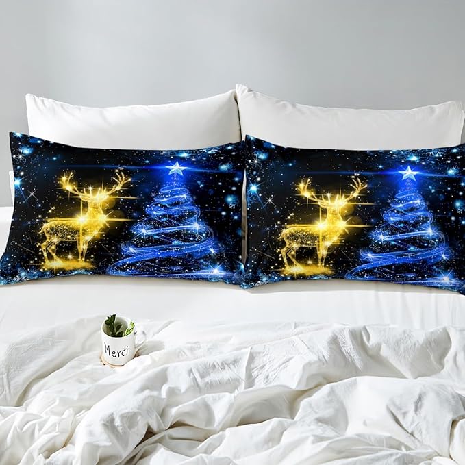Christmas Duvet Cover Set Twin Size Gold Reindeer Bedding Set 2pcs for Kids Boys Girls Room Decor Blue Christmas Tree Comforter Cover Western New Year Theme Quilt Cover with 1 Pillowcase,No Comforter