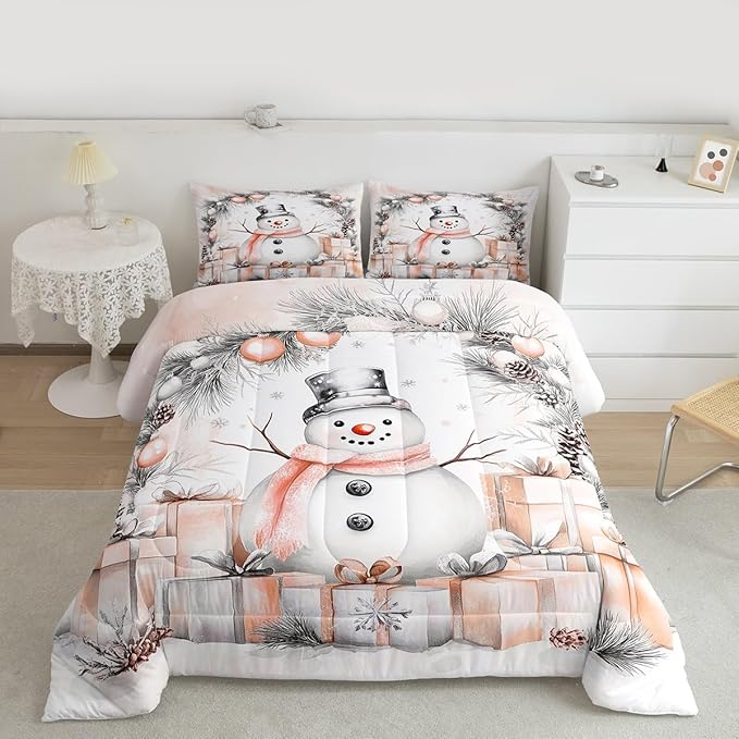 Feelyou Merry Christmas Comforter Set Queen Size Cute Snowman Bedding Set for Kids Boys Girls Duvet Quilt Snowflake Bedroom Decor Microfiber 3 Pcs with 2 Pillow Cases