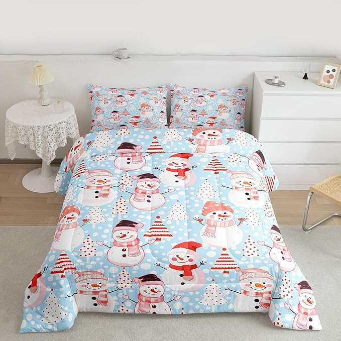 Manfei Christmas Comforter Set Full Size, Snowman and Xmas Trees Bedding Set 3pcs for Kids Girls Adults Bedroom Decor, New Year Blue Down Comforter Soft Polyester Quilt Set with 2 Pillowcases