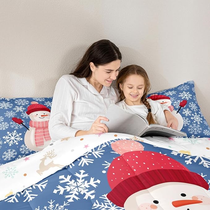 Feelyou Christmas Comforter Set Twin Size Snowman Blue Bedding Set for Kids Boys Girls Xmas Snowflakes Duvet Quilt Winter Snow Bedroom Decor Microfiber 2 Pcs with 1 Pillow Cases