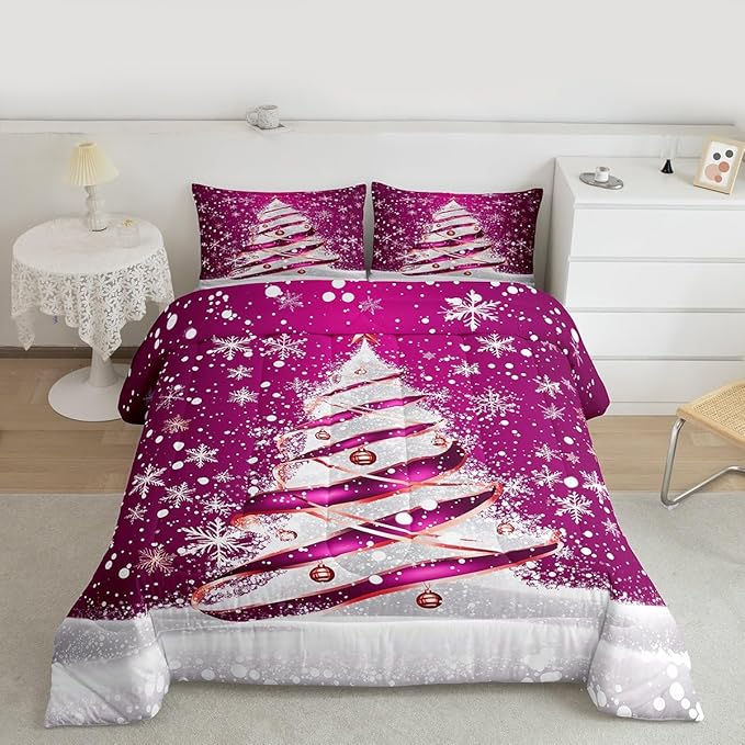 Feelyou Merry Christmas Bedding Set Soft for Boys Girls, Christmas Tree Comforter Set Full Size Snowflake Duvet Quilt Microfiber Winter Bedroom Decor 3 Pcs with 2 Pillow Cases