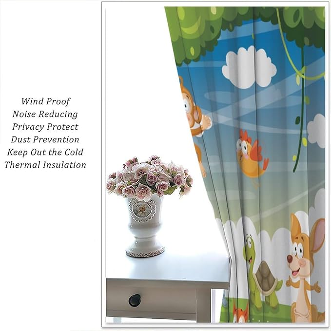 Animal Curtains, Cartoon Cute Woodland Jungle Forest Animals Pattern Blackout Window Treatments, Rod Pocket Thermal Insulated Drapes 2 Panel Sets for Kids Nursery Bedroom Classroom, 72" W X 63" L