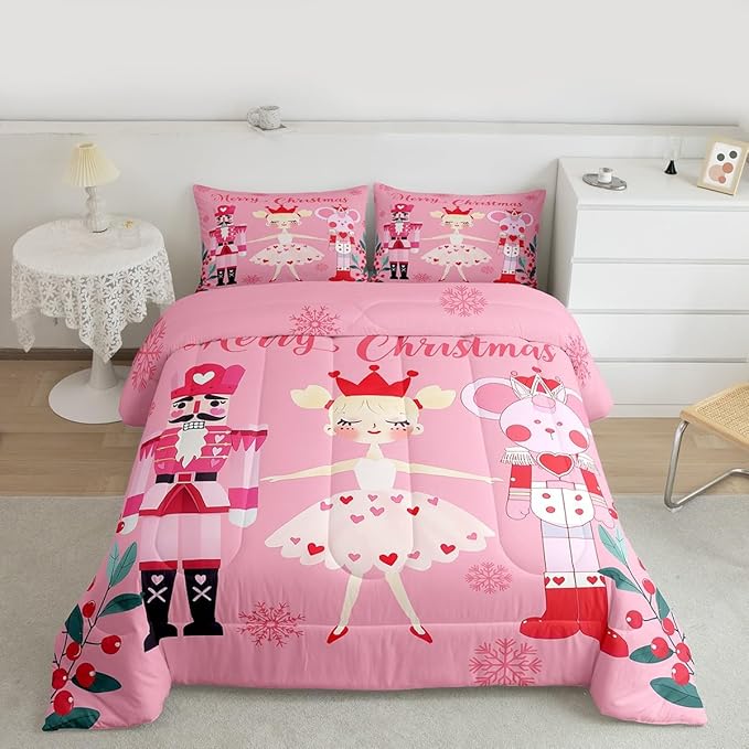 Feelyou Pink Christmas Comforter Set All Season Nutcracker Bedding Set with 2 Pillow Cases Mouse King Microfiber Kids Queen Bedclothes Royal Guarder Ballet Princess Bedroom Decor Duvet Quilt Soft