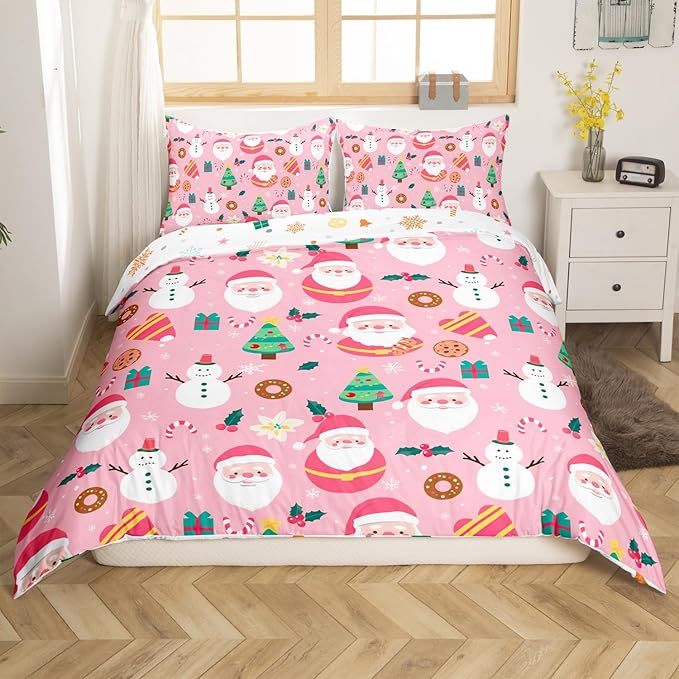 Christmas Santa Comforter Cover Full Size Cute Snowman Duvet Cover Xmas Holiday Bedding Set Gifts for Kids Boys Girls,Christmas Tree Snowflake Candy Decor 2 Pillow Cases Pink