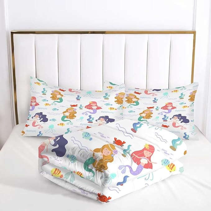 kxry Little Mermaid Princess Comforter Set King Size Fairy Tale Sea Shell Grass Bedding Sets for Girls Teens Kids Soft Microfiber Lightweight Comforter Set with 1 Comforter + 2 Pillow Cases
