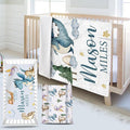 Custom Name Crib Bedding Set 3-Piece – Blue Dinosaur Design Baby Bedding Set with Personalized Soft Blanket, Fitted Sheet, Changing Pad Cover – Ideal Newborn Gift for Boys and Girls