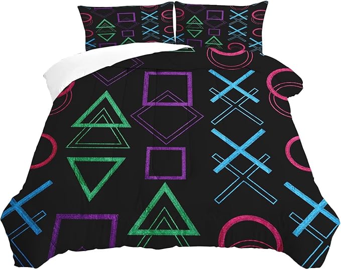 Game Comforter Set Full/Queen Size Geometric Bedding for Kids Boys Men Black Abstract Bedroom Decor Quilt Bed Sets, 1 Comforter 2 Pillowcases