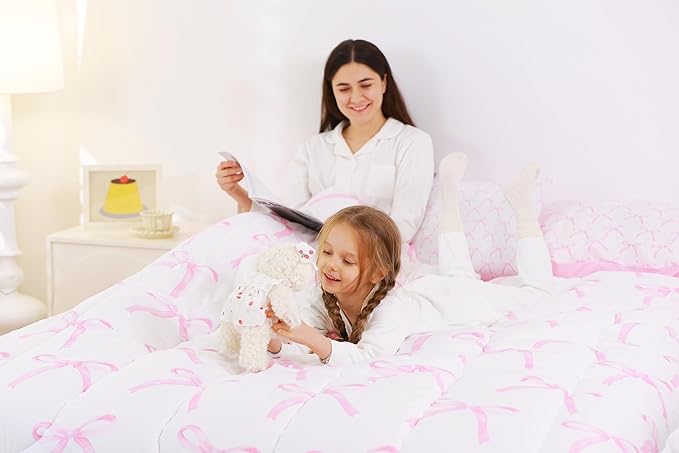 7 Pieces Cartoon Bowknot Kids Comforter Full,Pink Bow Tie Butterfly Knot Princess Bedding Set,Watercolor Bow Patchwork Pink White（Comforter+Fitted+Flat Sheet+2 Pillowcases+2 Throw Pillow Covers）