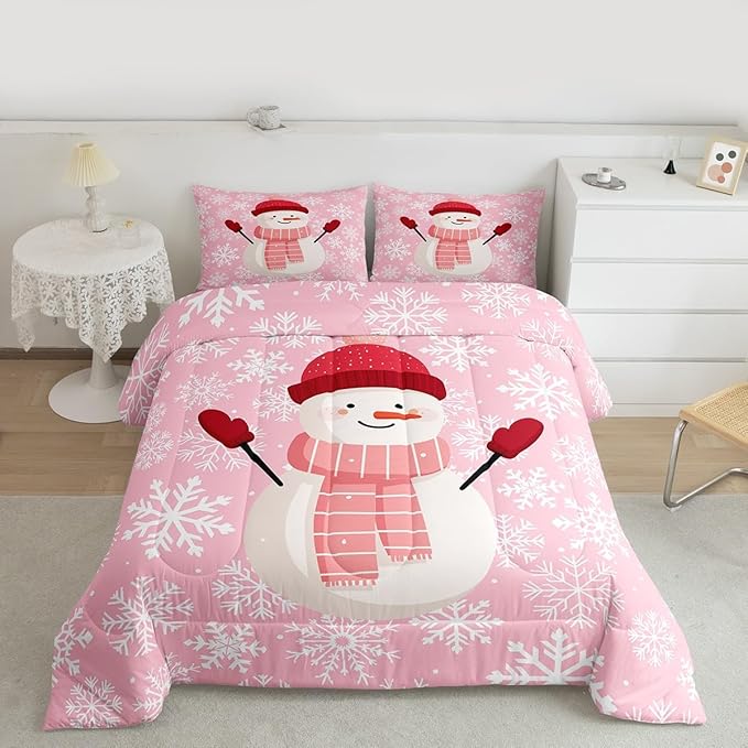 Feelyou Christmas Bedding Set Soft for Boys Girls, Snowman Pink Comforter Set Full Size Xmas Snowflakes Duvet Quilt Microfiber Winter Snow Bedroom Decor 3 Pcs with 2 Pillow Cases