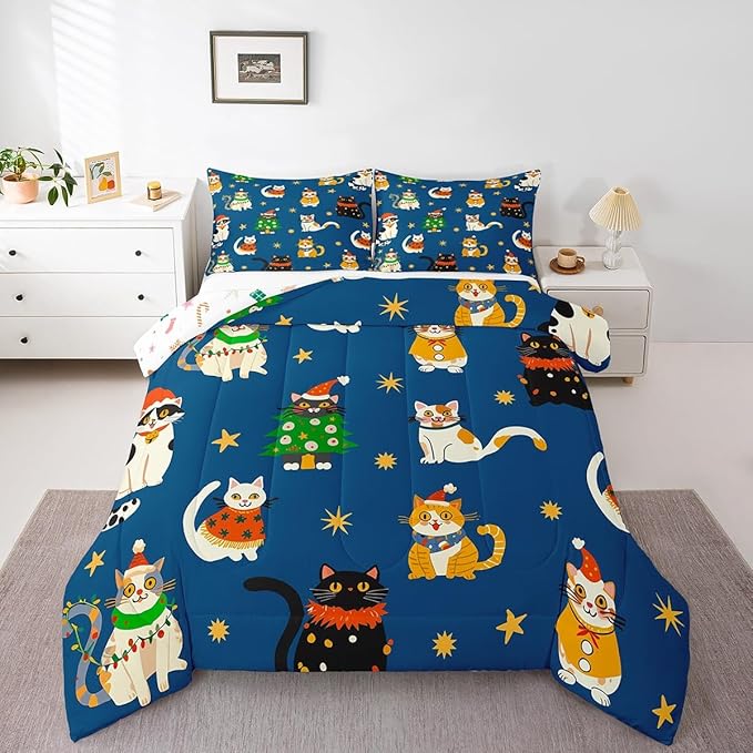 Erosebridal Merry Christmas Kids Cartoon Bedding Set Full Size Cute Cat Comforter Set Xmas Tree Quilts for Teens Boys Girls Room Decor,Kawaii Animals Duvet Insert,Blue