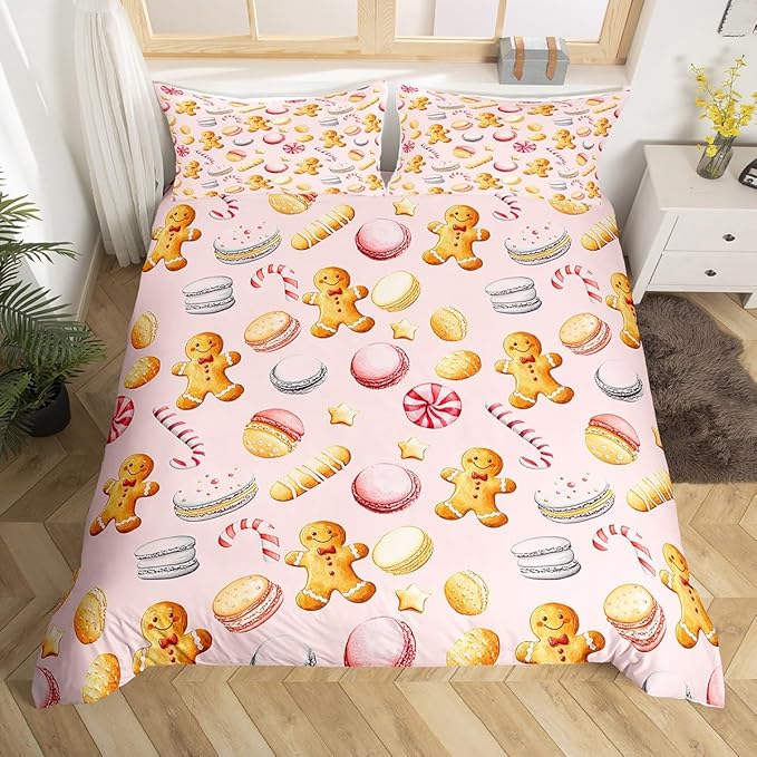 Feelyou Christmas Duvet Cover Twin Size Cute Christmas Gingerbread Man Comforter Cover for Boys Girls Xmas Sweet Macarons Bedding Set 2Pcs Reversible Pink Room Decor