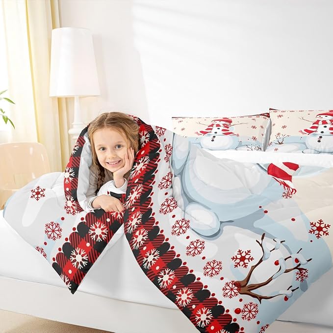 Kids Snowman Christmas Comforter Set Twin Size,Snowflake Romantic Bedding,Girls Boys Adults Bedroom/Xmas Cabin Decor,Geometric Grid Lattice Down Comforter,Rustic Farmhouse Duvet Insert,1 Pillowcase