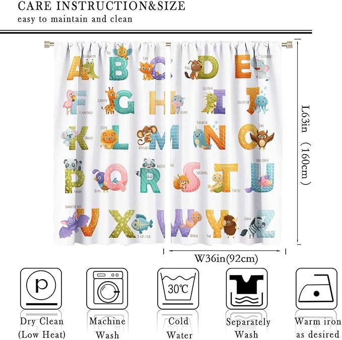 Kids Alphabet Curtains Educational Baby Cartoon Animals Colorful Cute Curtain with Rod Pocket for Nursery Living Room Home Decor Drapes Window Treatments 2 Panels Set 72x63in
