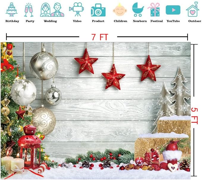 CYLYH 7X5FT Christmas Backdrop White Wood Floor Photography Backdrop Winter Snow Christmas Balls Xmas Tree Gift Family Party Photo Background New Year Party Banner Backdrop