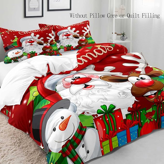 LUVIVIHOME 3PCS Red Christmas Duvet Cover Queen Bedding Sets, Boys Girls Kids Bedding, Santa Claus Snowman Reindeer Holiday New Year Xmas Gifts Christmas Comforter Bedspread Quilt Cover 2 Pillow Cases
