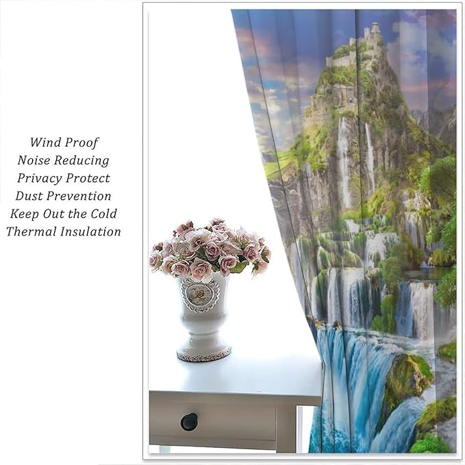 Forest Waterfall Blackout Curtain, Watercolor Tropical Jungle Waterfall Spring Flower Natural Scenery Pattern Window Drapes, for Bedroom Living Room 72" W X 63" L