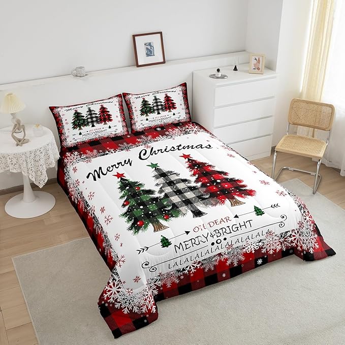 Christmas Comforter Set Queen Size, Red Plaid Xmas Trees Bedding Set 3pcs , Winter Snowflake New Year Reversible Down Comforter for All Season, Kids Boys Girls Room Decor, 2 Pillowcases, No Sheets