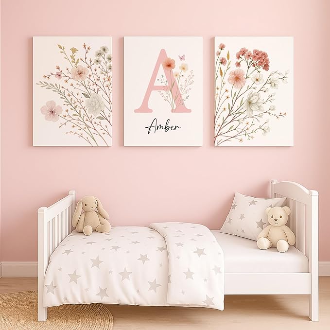 Personalized Girls Nursery Wall Art - Custom Name Pink Floral Butterfly Canvas Print 3pc Framed Wrapped Canvas for Bedroom Living Room Entryway Study Room Initial Wall Decor Baby Shower Birthday Easter Graduation New Year Valentine's Day Gift (20×30cm/...
