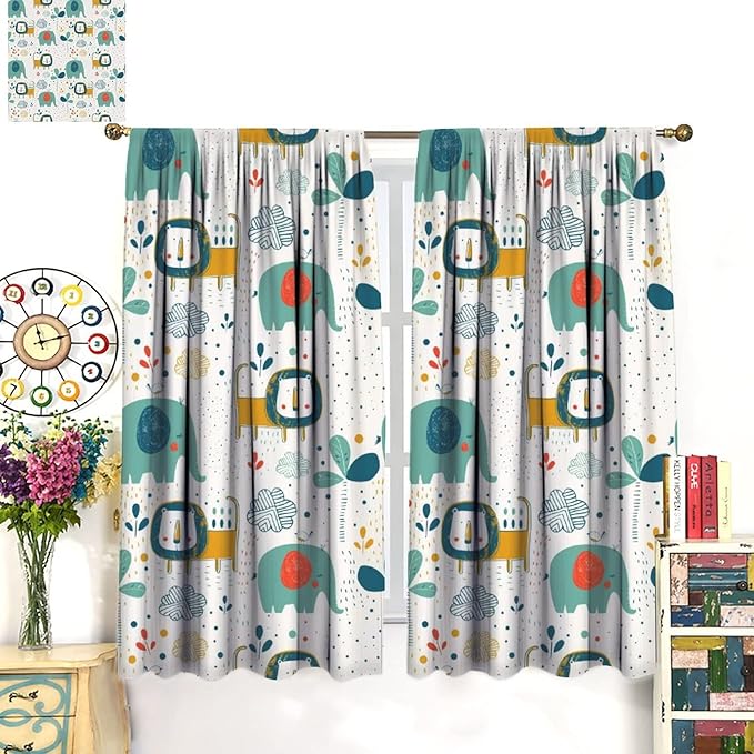Cute Lions Blackout Curtains for Kids Bedroom,Cartoon Tropical Plants Birds Elephants Print Pattern Window Drapes,Funny Animal Thermal Insulation Curtain for Nursery Baby Room 84x84in