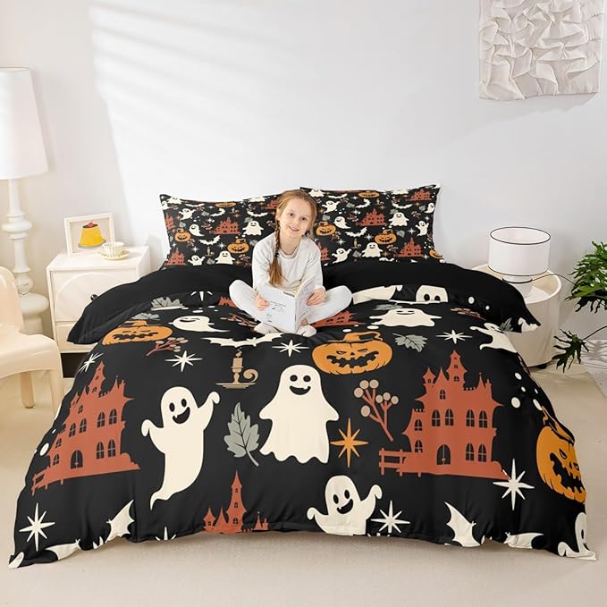 Halloween Bedding Duvet Cover Set Kids Cartoon Jack O Lantern Bedding Set Kids Ghost Pumpkin Lantern Decor Comforter Cover Set Microfiber Bats Castle Bedspread Cover Bedroom Bedclothes King Size