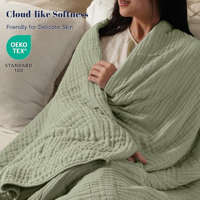 PHF Cooling Muslin Blanket Queen Size 90"x80", 6-Layer Lightweight Gauze Blanket Made from 35% Rayon Derived from Bamboo & 65% Cotton, Breathable & Ultra Soft Cozy, Aesthetic Home Decor, Tea