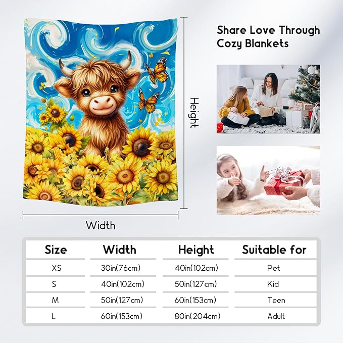 Kids Blanket - Highland Cow Blankets for Teens/Women - Flannel Soft Sunflower Throws for Bed Office - 50"x60"