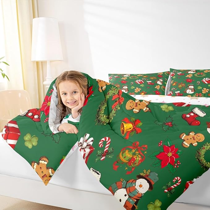 jejeloiu Merry Christmas Comforter Set Toddler Size Cute Snowman Bedding Set for Kids Boys Girls Gingerbread Man Duvet Quilt Green Bedroom Decor