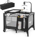 HONEY JOY Pack and Play, 4 in 1 Portable Baby Playard with Bassinet, Changing Table, Lockable Wheels, Music Box, Foldable Travel Baby Crib Nursery Center from Newborn to Toddler (Dark)