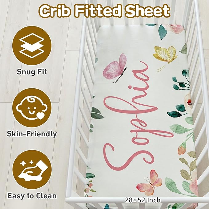 Custom Name Crib Bedding Set, 3 Pcs Personalized Baby Crib Bedding Set, Soft Pink Butterfly Nursery Crib Sets for Boys Girls, Double Layer Toddler Bedding Set Customized Gifts for Newborn Kids